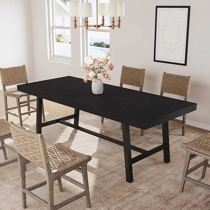 GarveeHome 63-83" Extendable Dining Table, Industrial Rectangular Dining Room Table for 6-8 People, Expandable Kitchen Table with Heavy Duty Metal Frame for Dining Room, Kitchen & Parties, Black