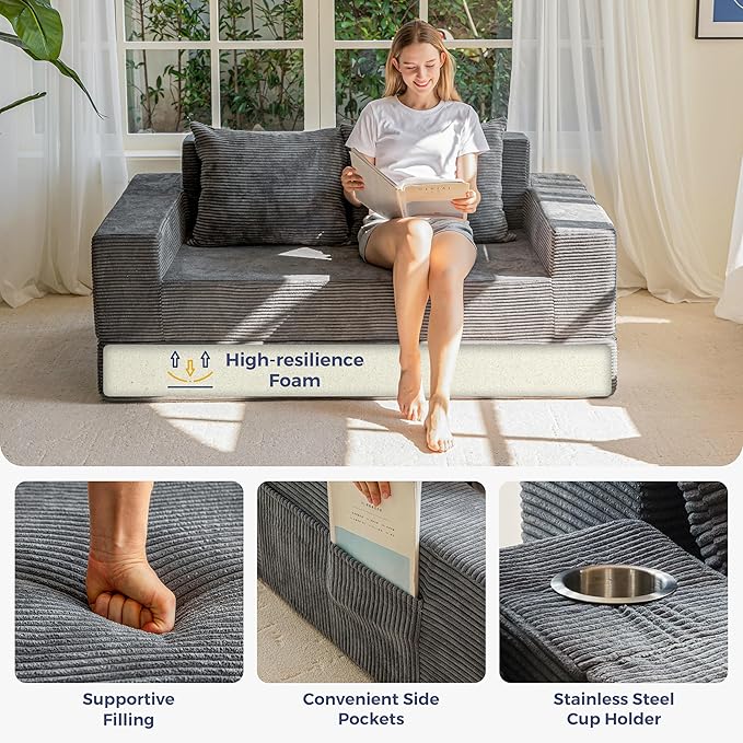MAXYOYO Loveseat Sofa Bed, 64" Foldable Floor Sofa Couch in A Box with 2 Cup Holders, 4 in 1 Convertible Boneless Couch Folding Recliner Sleeper Chair for Living Room,Charcoal Grey