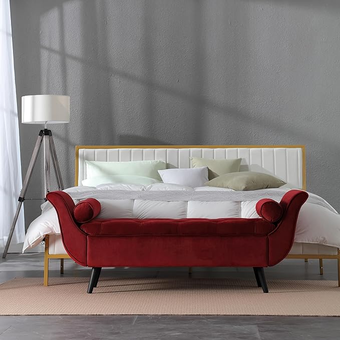 Velvet Storage Bench for Bedroom End of Bed, 65" Upholstered Rolled Armed Button Tufted Stool Bench, Storage Ottoman Long Bench with with 2 Pillows for Entryway (Wine Red)