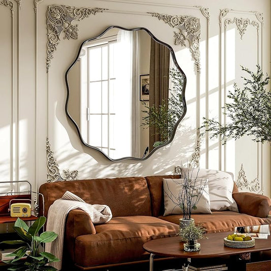 VooBang Black Scalloped Large Circle Mirror, 42" Wavy Edge Round Wall Mirror with Tempered Glass Textured Circular Metal Deep Frame, Hanging Leaning for Bathroom, Hallway, Entryway, Livng Room