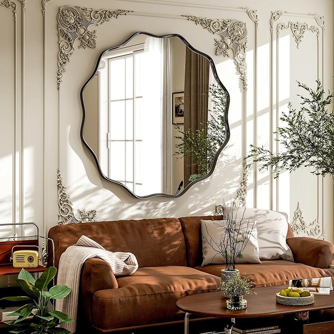 VooBang Black Scalloped Circle Mirror, 36" Wavy Edge Round Wall Mirror with Tempered Glass Textured Circular Metal Deep Frame, Hanging Leaning for Bathroom, Hallway, Entryway, Livng Room