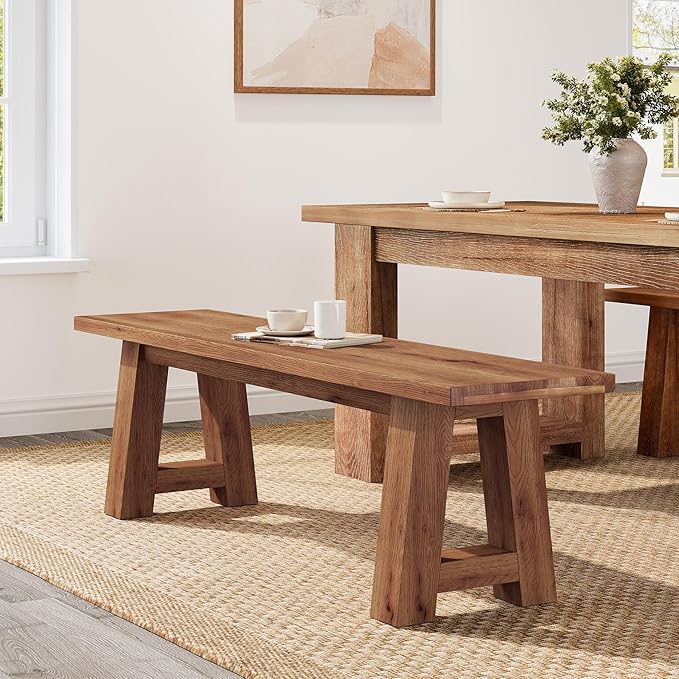 Solid Wood Dining Bench with A-Shaped Legs, 55.12-Inch Farmhouse Entryway Bench Indoor for Hallway, Kitchen, Dining Room, Living Room (Brown)
