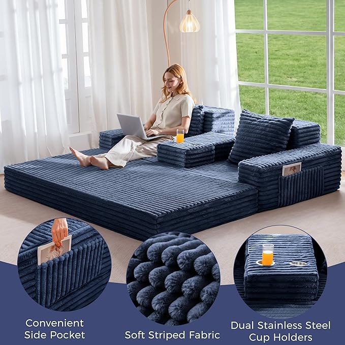MAXYOYO Loveseat Sofa Bed, Striped Faux Fur Foldable Floor Sofa Couch in A Box, 4 in 1 Convertible Boneless Couch with 2 Cup Holders, Folding Recliner Sleeper Chair, No Assembly Required, Navy