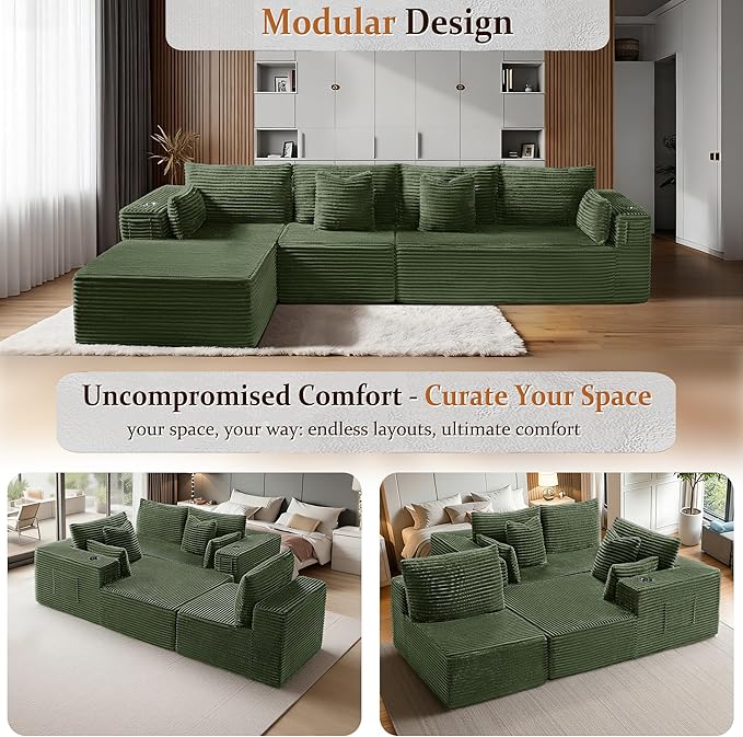 138" Cloud Sectional Couch, Comfort L Shaped Boneless Couch for Living Room, Extra Deep Seats No Assembly, Minimalist Modular Sofa, Corduroy (Olive Green, 3 Seater+Right Facing Chaise)
