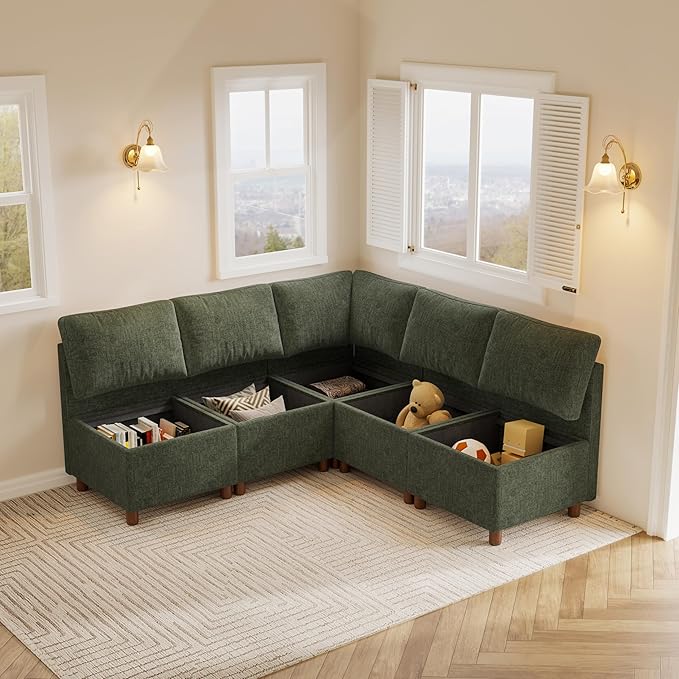 SITJOY Breakfast Nook Bench with Storage, Modular Corner Kitchen Banquette Seating, Dining Settee Couch, Upholstered Dining Bench with Back, Soft-to-Touch Fabric in Green, 5-Seat L Shaped Nook