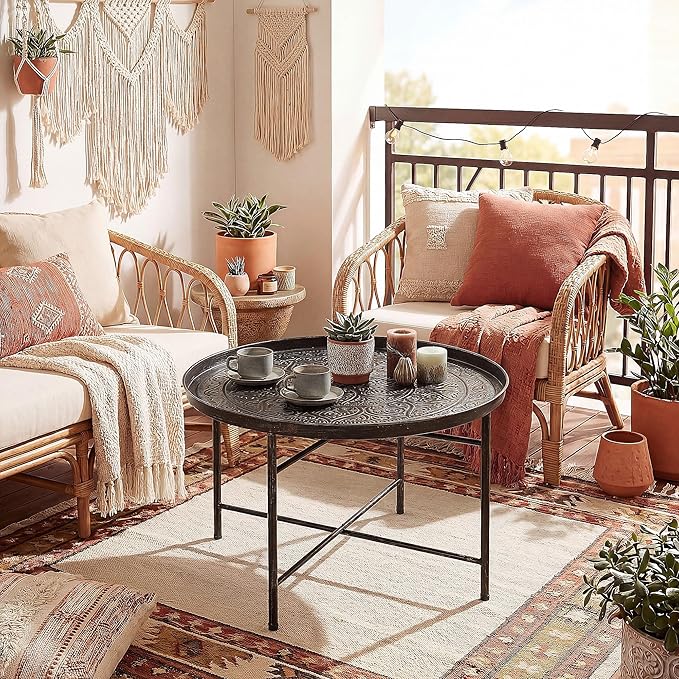 HOMCOM 24" Round Coffee Table with Hammered Tray Top, Vintage Metal Center Table for Living Room, Bedroom, Side Table, Pewter