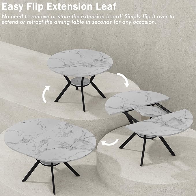 42"-58" Round Extendable Dining Table for 4-6, Kitchen Oval Table with Hidden Leaves & Storage Shelf, Space Saving Modern Design with Sturdy Metal Legs for Kitchen, Dining Room & Small Apartments