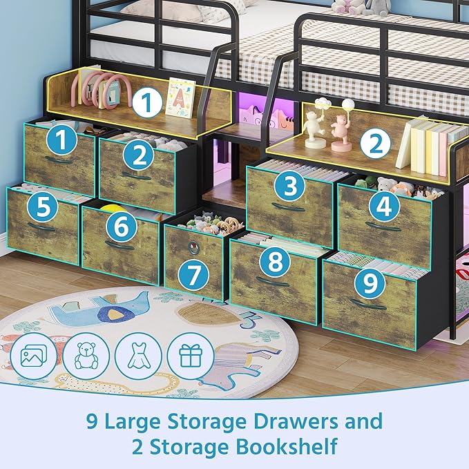 Dnxao Low Loft Bed Twin Size with 9 Drawers and Bookcase, Metal Twin Bed Frames for Kids with Under-Bed Play Space, LED Lights and Charging Station Bedroom Storage, Vintage Brown