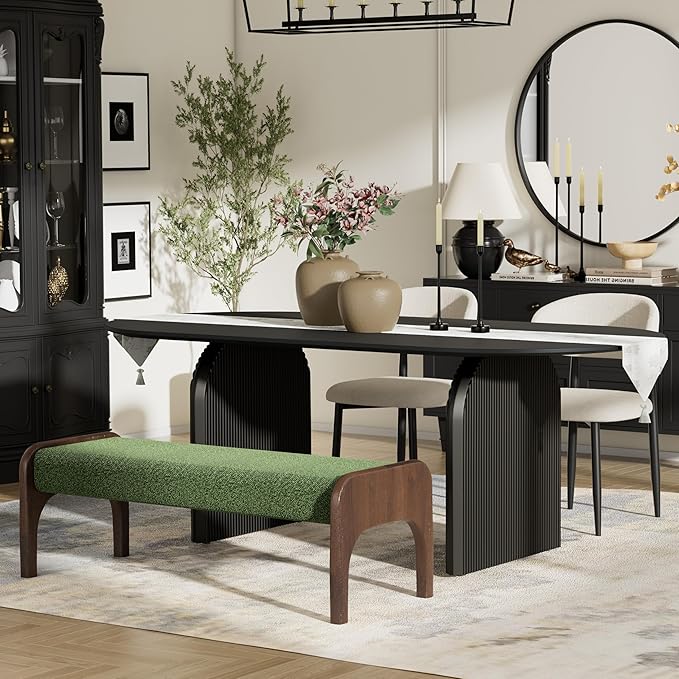 4-Piece Mid-Century Modern Dining Table Set, 63" Black Rectangular Table with 2 Dining Chairs & Bench, Dining & Kitchen Room Set for 4, Space-Saving Rustic Dining Set, Beige&Green