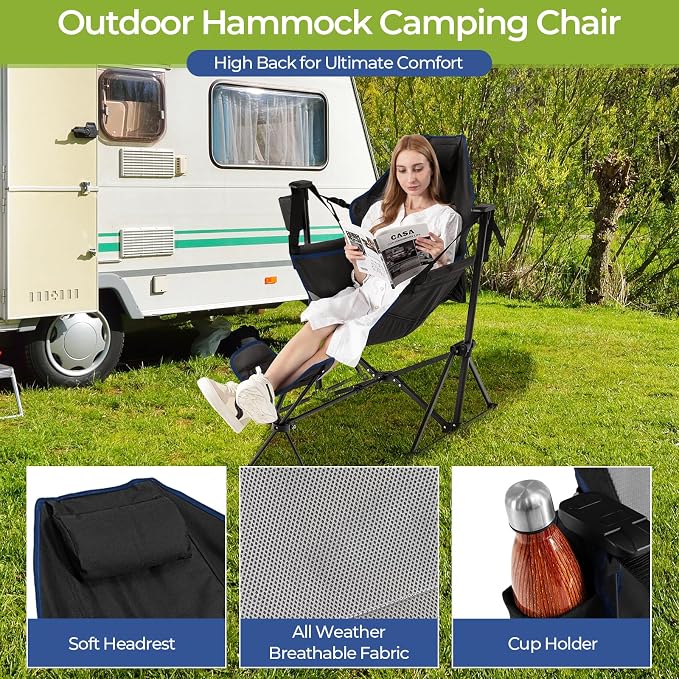 GYMAX Hammock Camping Chair, Folding Camp Chair with Detachable Footrest, Adjustable Backrest, Pillow, Cup Holder & Carry Bag, Portable Rocking Camping Chairs for Beach Lawn Fishing (2, Black)