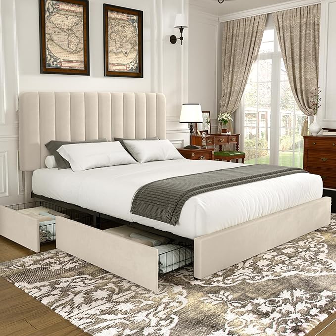 VECELO King Size Upholstered Bed Frame with 4 Drawers and Headboard, Velvet Platform Storage Bedframe, Wooden Slats Support, No Box Spring Needed,Bone Beige