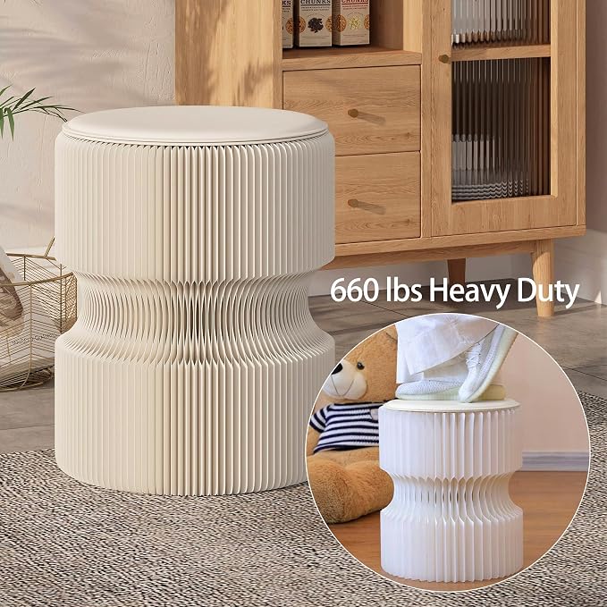 Accordion Folding Stool, Modern White Kraft Paper Honeycomb Ottoman, Collapsible Portable Footrest Stool, Fold Up Under Desk Seat for Office Entryway Living Room Small Space (11 Inch, White)