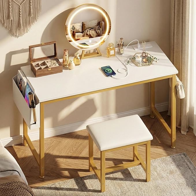 Cheap Makeup Girls Vanity Set with Mirror and Stool and Lights & Power Outlet, White Make Up Dressing Table with Chair, Kids Vanities for Bedroom 40“
