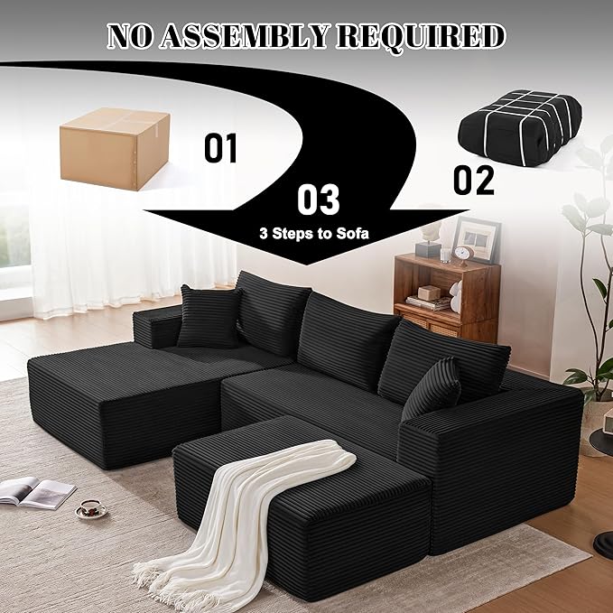 Mangodan 110” Cloud Sectional Couch, Modular Sectional Sofa with Deep Seat, Boneless Sofa for Living Room, Fluffy Comfy U-Shaped Couch with Left Facing Chaise, No Assembly Required, Black