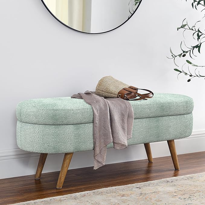 43.5" Ottoman with Storage, Storage Ottoman Bench with Safety Hinge, FoamEnd of Bed Bench, Upholstered Entryway Bench for Bedroom, Living Room & Window, Holds up to 330 lb, Cyan