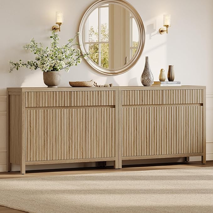 SICOTAS Fluted Sideboard Buffet Cabinet with Storage – Extra Large Credenza Accent Cabinet with 2 Drawers and 3 Doors, 84" Modern Entryway Cabinet Console with Adjustable Shelves for Living Room