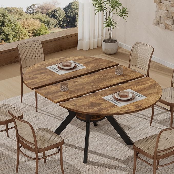 42"-58" Extendable Oval Dining Table for 4-6, Kitchen Round Table with Hidden Leaves & Storage Shelf, Space Saving Modern Design with Sturdy Metal Legs for Kitchen, Dining Room & Small Apartments