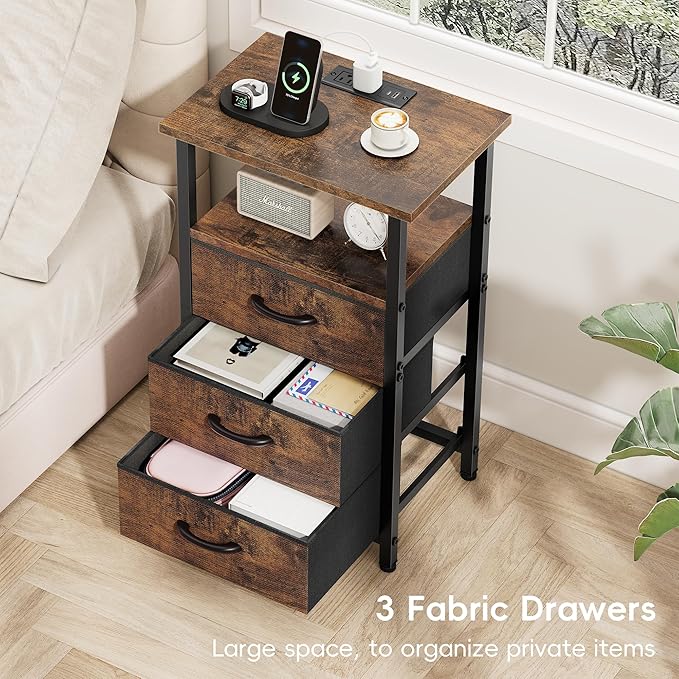 Vagusicc Night stand Set 2 with Charging Station, LED Nightstand for Bedroom, Bedside Table with 3 Fabric Drawer, End Table Side Table with USB Port & Outlets, Bed Side Table for Bedroom, Rustic Brown
