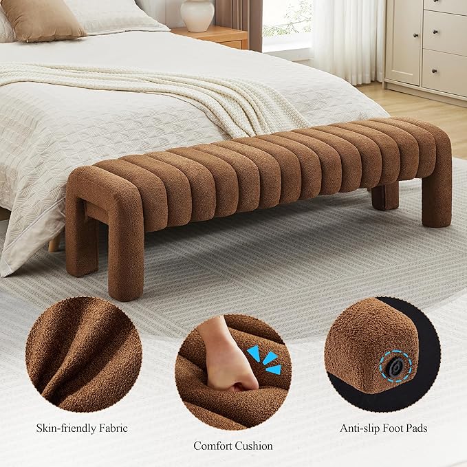 63’’ Bedroom Bench, Upholstered End of Bed Bench with Solid Wood Legs, Modern Cushioned Dining Bench with Full Covered Fabrics for Entryway, Bedroom, Living Room (Rust Brown, Boucle)