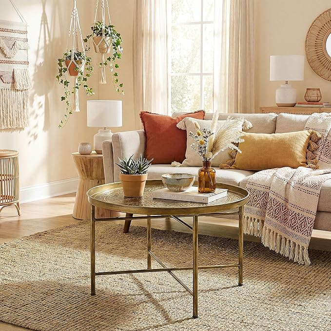 HOMCOM 24" Round Coffee Table with Hammered Tray Top, Vintage Metal Center Table for Living Room, Bedroom, Side Table, Gold
