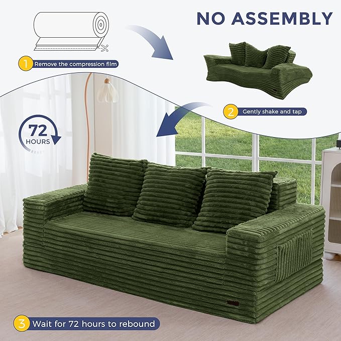 MAXYOYO Loveseat Sofa Bed, Striped Faux Fur Foldable Floor Sofa Couch in A Box, 4 in 1 Convertible Boneless Couch with 2 Cup Holders, Folding Recliner Sleeper Chair, No Assembly Required, Pine Green