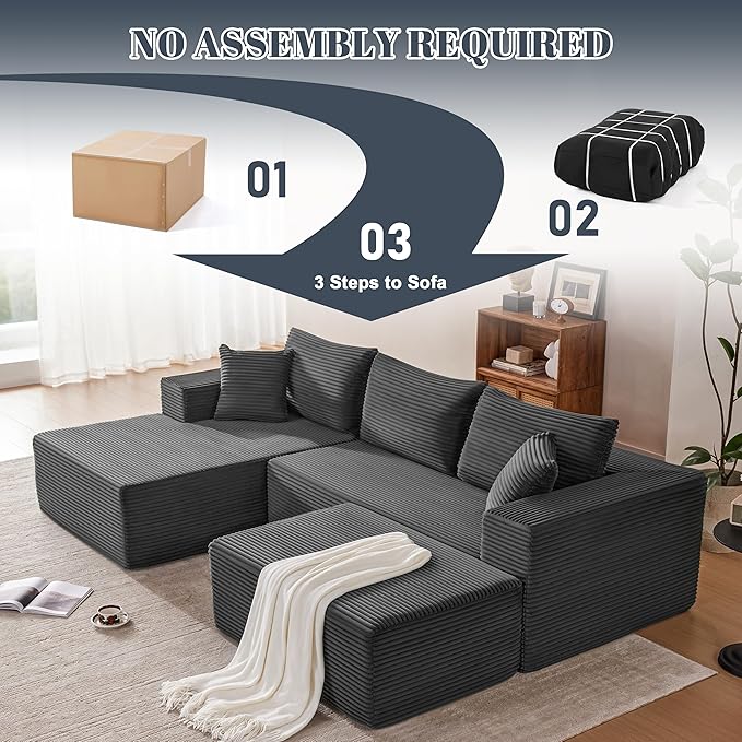Mangodan 110” Cloud Sectional Couch, Modular Sectional Sofa with Deep Seat, Boneless Sofa for Living Room, Fluffy Comfy U-Shaped Couch with Left Facing Chaise, No Assembly Required, Grey