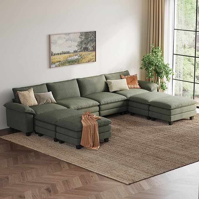 LINSY HOME 157" Modular Sectional Sofa, 4-Seat Corduroy Modern Cloud Couch with Deep Seat & 4 Movable Ottoman, Perfect for Living Room, Office, Bedroom, Green