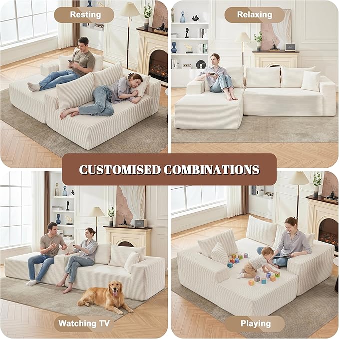 Mangodan 110” Cloud Sectional Couch, Modular Sectional Sofa for Living Room, Boneless Sofa with Deep Seat, Comfy Fluffy Couch with L-Shaped Chaise, No Assembly Required (Left-Facing Chaise, Beige)