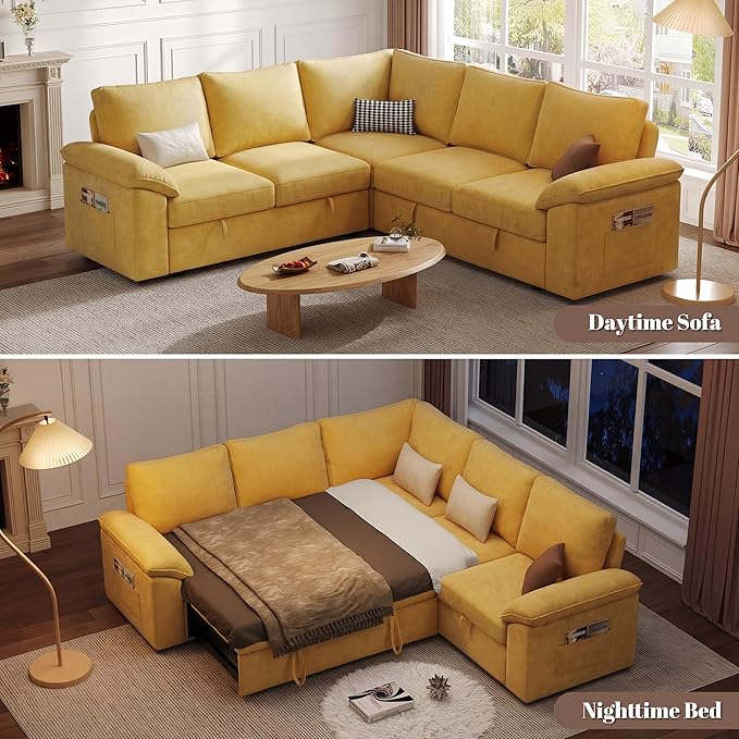 85 Inch Modular Sectional Sofa with Pull Out Bed, L Shaped 5 Seat Sectional Sleeper Sofa with Storage, Sectional Couches for Living Room, Cloud Modular Couch,Removable Sofa Cover,Yellow