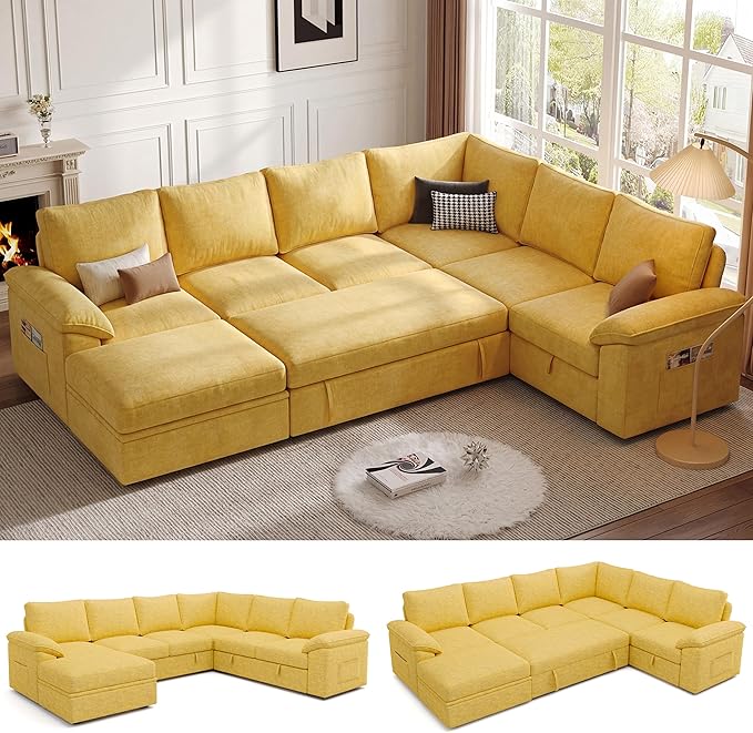 108 Inch Modular Sectional Sofa with Pull Out Bed,U Shaped 7 Seat Sectional Sleeper Sofa with Storage,Sectional Couches for Living Room,Cloud Modular Couch,Removable Sofa Cover,Yellow