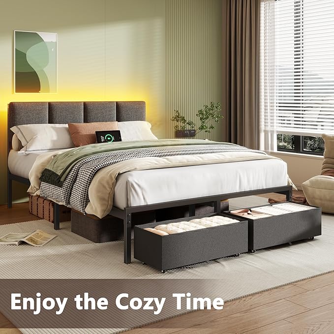 Furnulem Full Size Bed Frame with Headboard, Upholstered Full Bed Frame with LED Light, USB Charging Station, Platform Bedframe with 2 Fabric Underbed Storage Drawers, No Spring Box Needed