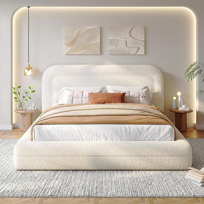 Homkdom Cloud Bed Frame with Headboard, Upholstered Soft Queen Bed Frame with Round Edges, Boucle Platform Bed for Modern Bedrooms & Apartment & Guest Rooms, No Box Spring Needed,Beige