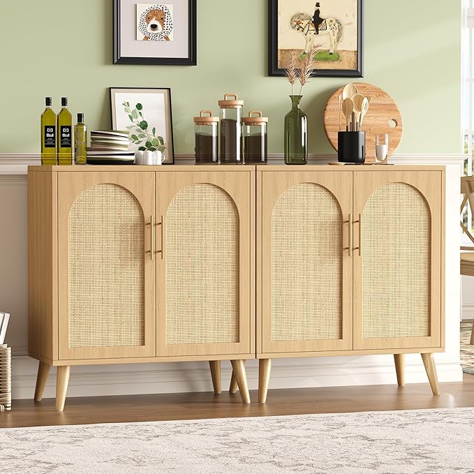 Set of 2 Rattan Buffet Cabinet with Storage, 59 Inch Sideboard with Adjustable Shelf and Solid Wood Legs, Floor Storage Cabinet with 4 Doors, Coffee Bar for Kitchen, Living Room, Hallway, Natural
