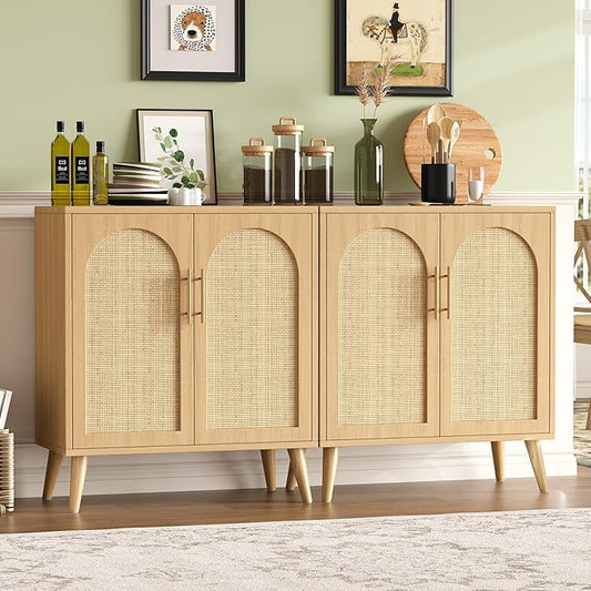 Set of 2 Rattan Buffet Cabinet with Storage, 59 Inch Sideboard with Adjustable Shelf and Solid Wood Legs, Floor Storage Cabinet with 4 Doors, Coffee Bar for Kitchen, Living Room, Hallway, Natural