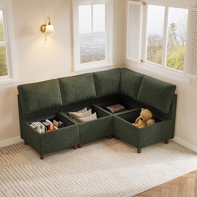 SITJOY Breakfast Nook Bench with Storage, Modular Corner Kitchen Banquette Seating, Dining Settee Couch, Upholstered Dining Bench with Back, Soft-to-Touch Fabric in Green, 4-Seat L Shaped Nook