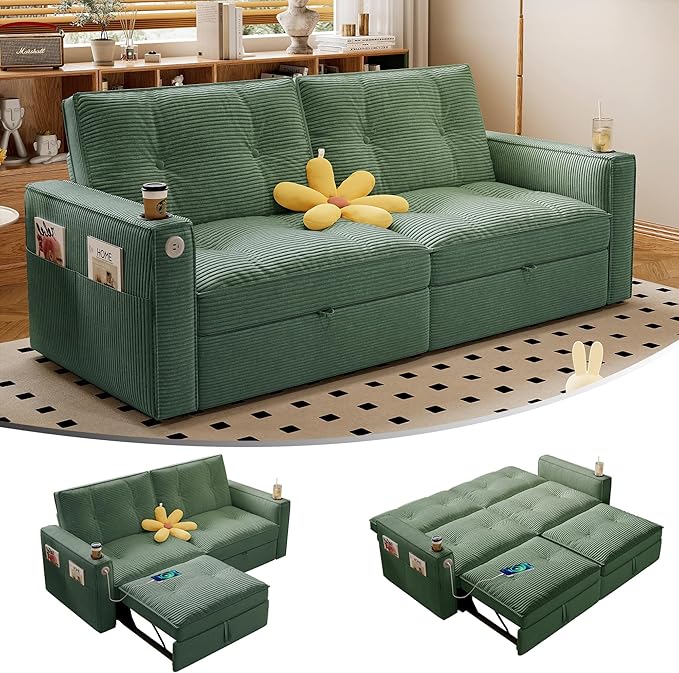healthomse 73.2" Convertible Sofa Bed, 2-in-1 Multi-Functional Loveseat Sleeper, Modern Corduroy Couch with Side Pocket, for Living Rooms, Bedrooms, Apartments, Small Spaces (Green, 73.2inch)