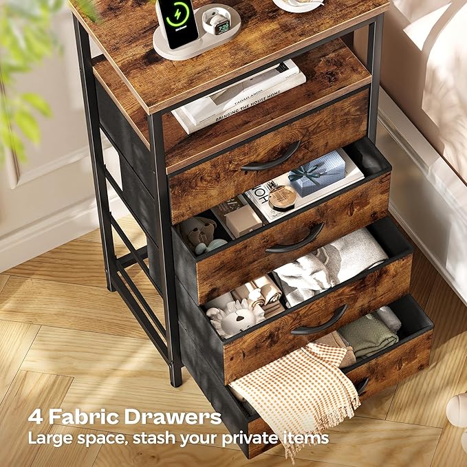 Huuger Night Stand with Charging Station, 4 Drawer Dresser for Bedroom, Bedside Table, 33.9 Inch Tall Nightstand with Open Shelf, End Table, for Closet, Entryway, Bedroom, Rustic Brown