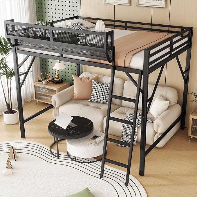 KEIKI Full Size Metal Loft Bed Frame with Ladder and Built-in Storage Shelves, for Teens, Modern Style Loft Bed with Solid Slats, Guardrail, No Box Spring Required, Easy Assembly, for Bedroom, Black