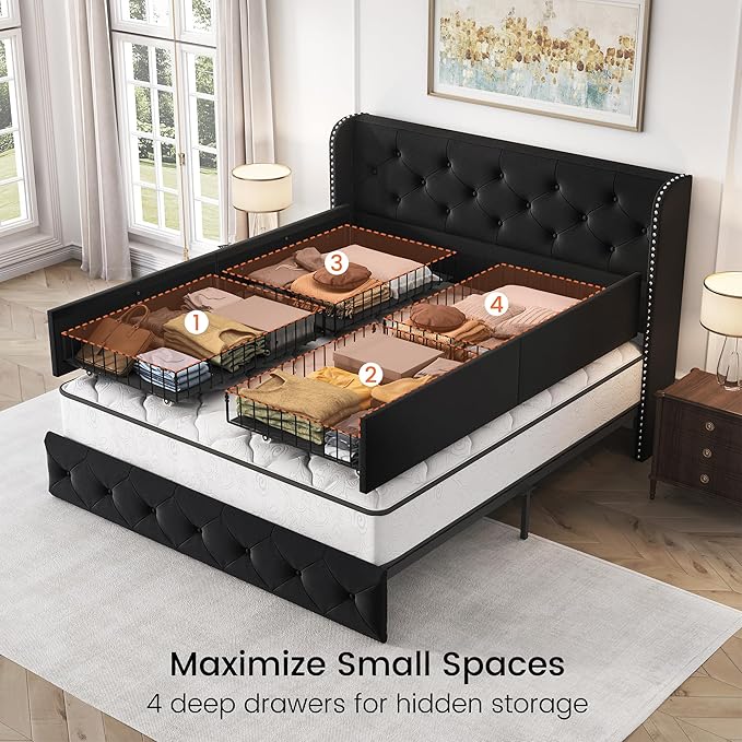LARMACE Full Size Bed Frame with 4 Storage Drawers and Wingback Headboard Velvet Upholstered Platform Bed Frame Tufted Beds with Wooden Slats Support, Easy Assembly, Black