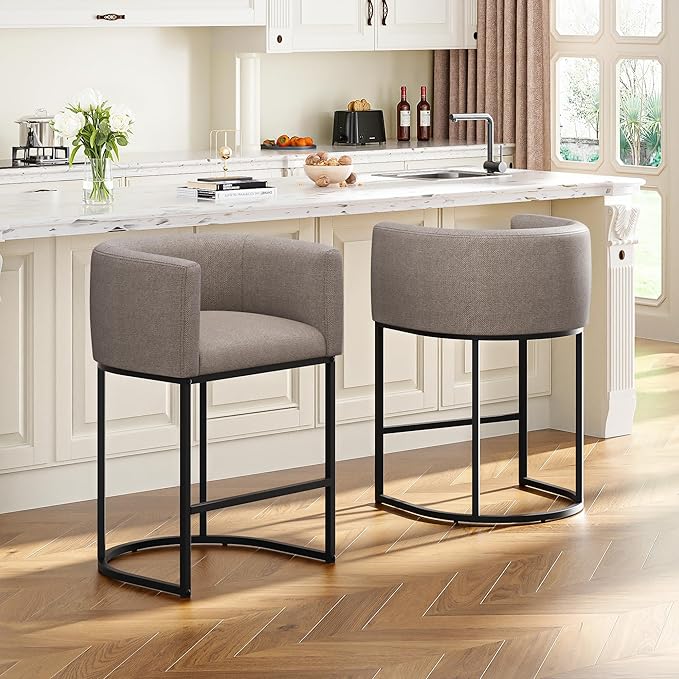 26" H Counter Height Bar Stools Set of 1, Modern Barrel Counter Stools with Backrest and Arms, Linen Fabric Upholstered Accent Barstools for Kitchen Island,Support 450 LBS (Sand)