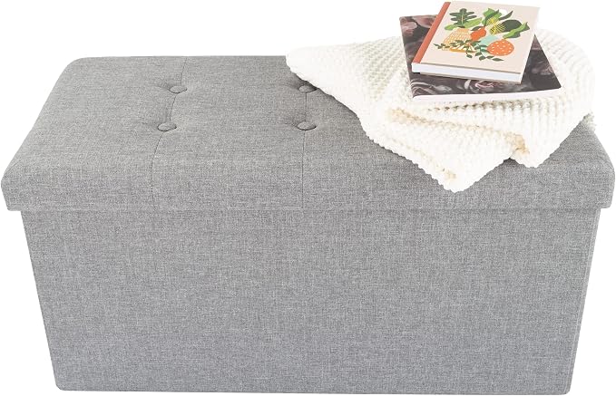 Lavish Home Folding Storage Ottoman - Set of 2 30-Inch Tufted Footrest, Linen Chest, or Bench with Removable Bin for Living Room, Bedroom, or Dorm (Light Gray)