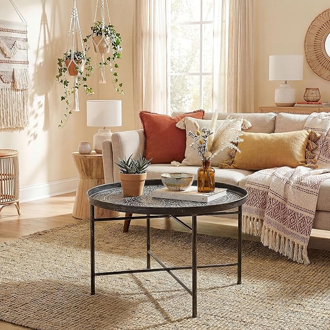 HOMCOM 24" Round Coffee Table with Hammered Tray Top, Vintage Metal Center Table for Living Room, Bedroom, Side Table, Pewter