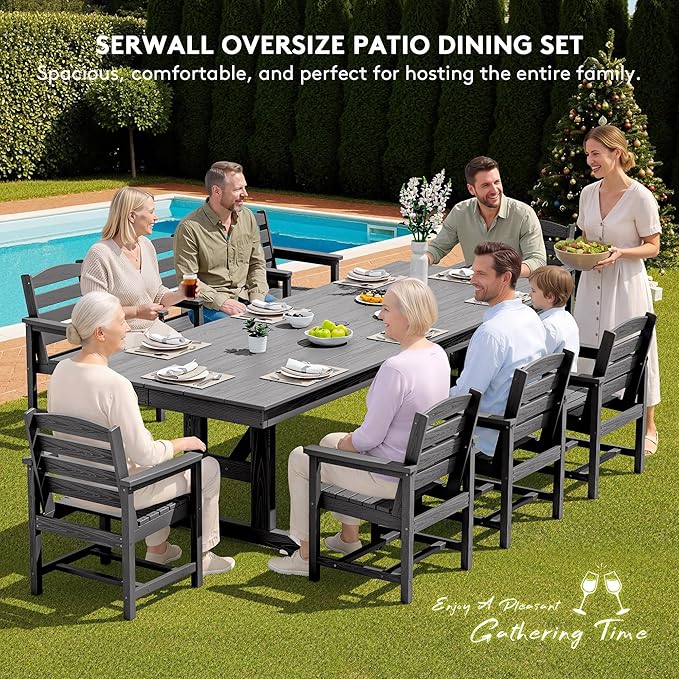SERWALL 9 Piece Outdoor Dining Set, 84" HDPE Outdoor Table and Chairs for 8，All Weather Patio Furniture Set with Umbrella Hole for Backyard, Garden, Gray