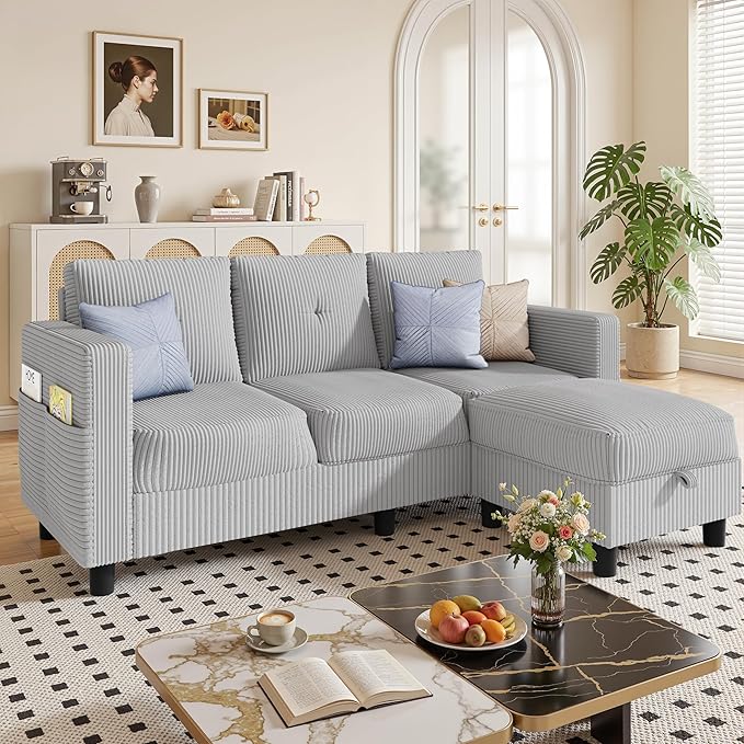 JAMFLY Convertible L-Shaped Sectional Sofa with Reversible Storage Ottoman, 3-Seat Couch with Side Pockets, Modern Compact Furniture for Small Apartments, Studios & Lofts, Light Grey