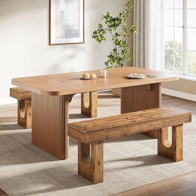47" Long Solid Wood Dining Bench, Farmhouse Indoor Narrow Kitchen Table Bench with Sturdy Legs for Dining Room, Kitchen, Living Room, Easy Assembly, Rustic Brown