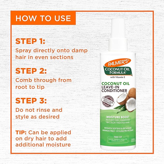 Palmer's Coconut Oil Formula Moisture Boost Leave-In Conditioner Spray, Instantly Detangle, Hydrate and Strengthen Textured and Curly Hair, 8.5 Ounce