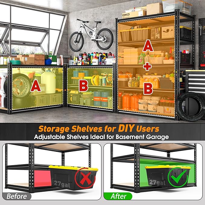 2000LBS Storage Shelves Heavy Duty,5-Tier Metal Shelving Unit for Pantry Garage Laundry Room,Adjustable Utility Storage Rack with Steel Frame & Thick MDF Boards,27.8"W x 12"D x 60"H, Black,3 Pack