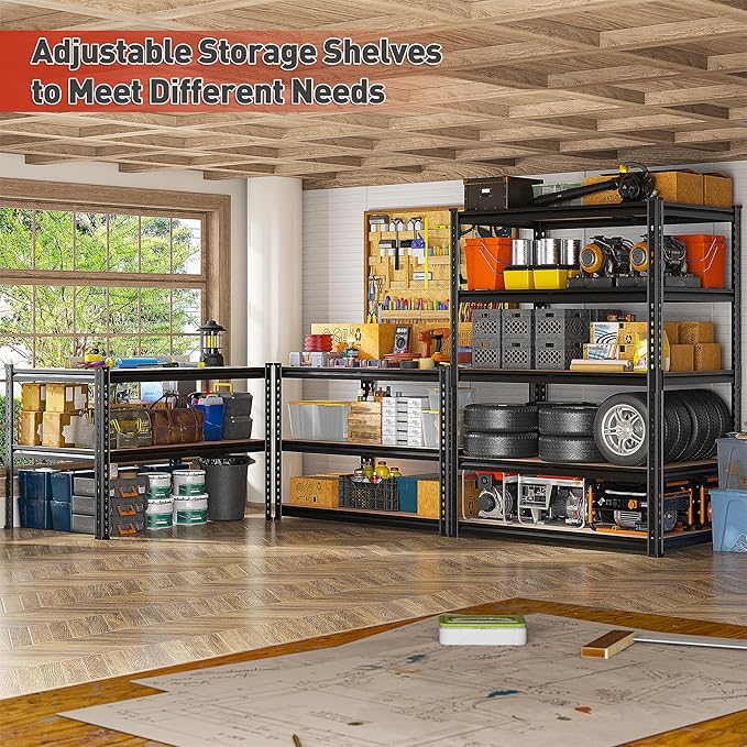 REIBII 2400LBS Garage Shelving 5 Tier Storage Shelves Heavy Duty, Adjustable Metal Shelving Unit,Garage Shelves for Basement,Warehouse,Pantry,Closet,Kitchen 72" H x 36" W x 16" D,2 Pack | Heavy Duty
