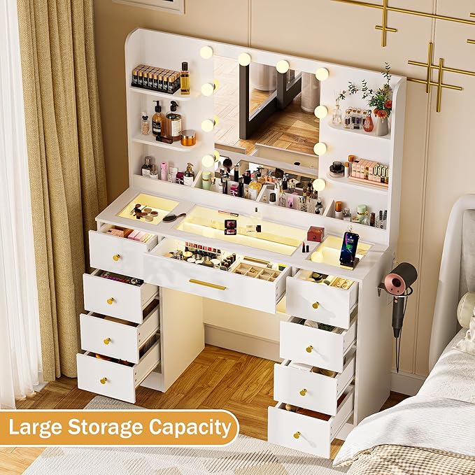 LAKEMID Vanity Desk with Mirror and Led Lights, Glass Top Makeup Table with 9 Drawers & Power Outlet,3 Lighting Modes & Adjustable Brightness,White Vanity Dressing Table for Women Girls Bedroom