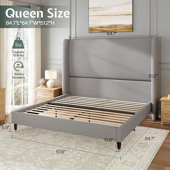 Jocisland Queen Size Bed Frame 51.2" Wingback Headboard Linen Upholstered Platform Bed,Solid Wood Legs & Wooden Slats,No Box Spring Needed,Noise-Free,for Family Guest Room Cozy Home,Light Grey